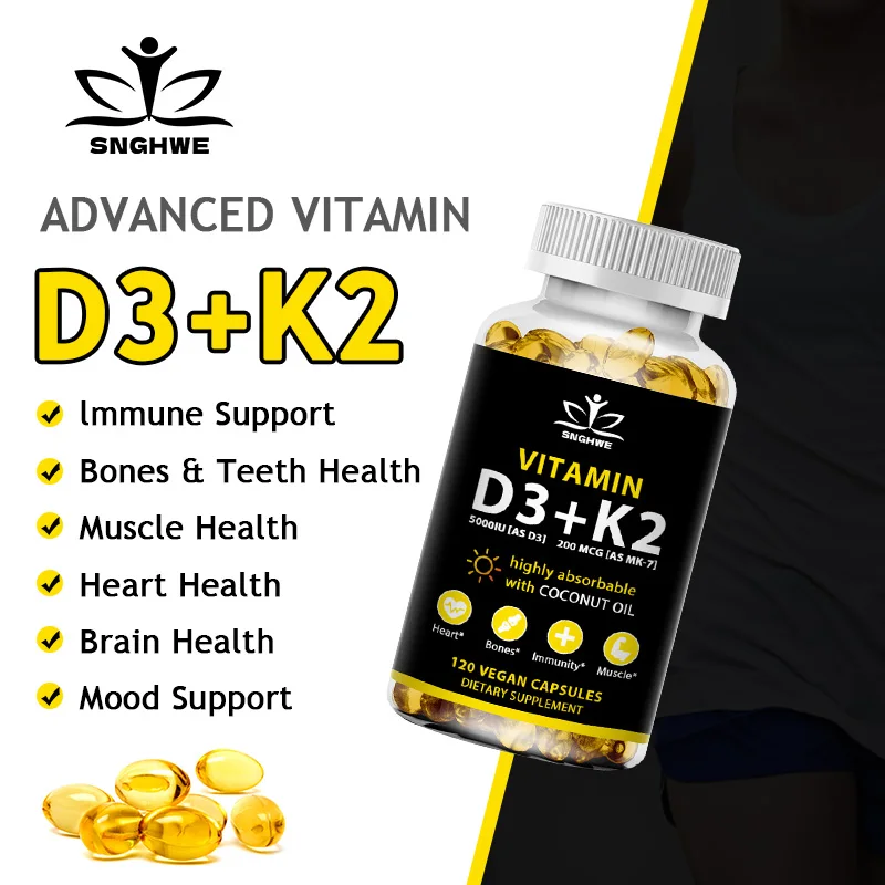 Vitamin D3 K2 Capsules Daily Supplement Natural Coconut Oil Healthy Immune System Heart and Bones Vegetarian Supplements
