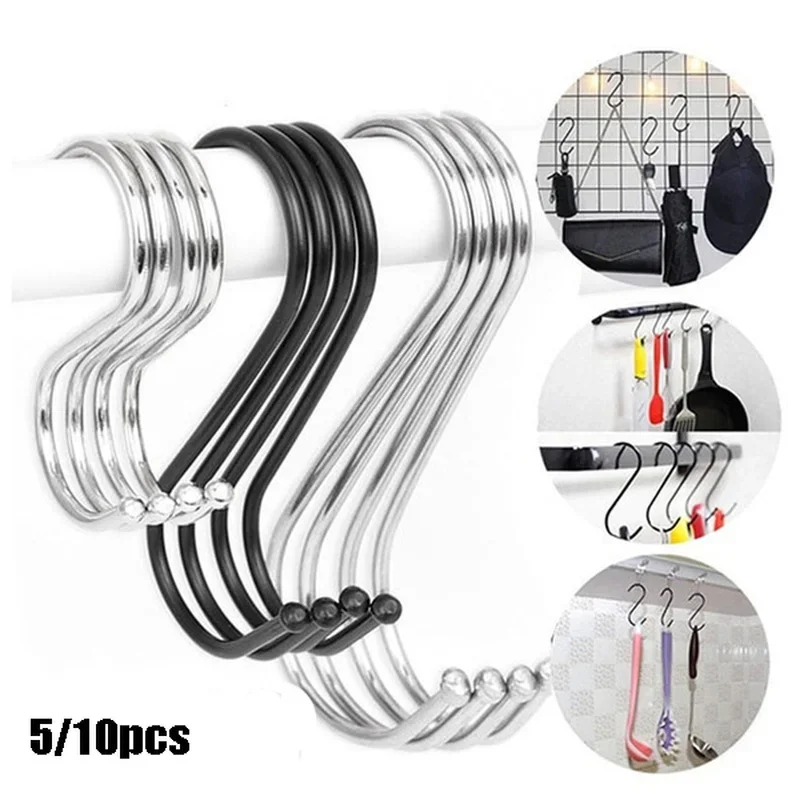 5/10pcs Multifunctional S-shaped Hook Kitchen Bedroom Black Silver Railing S Hook Buckle Rack Household Hanging Storage Tool