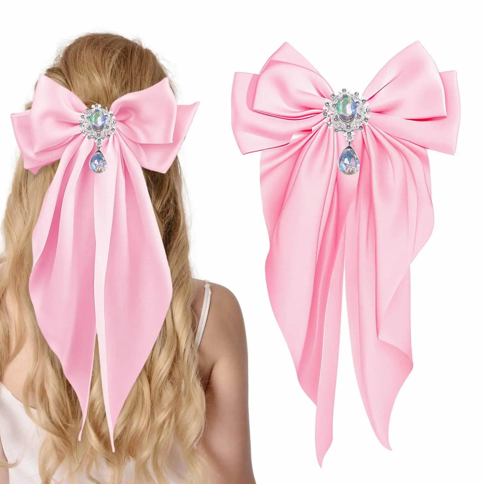 

Large Ribbon Bow Hair Clip Rhinestones Solid Color Top Clip for The Back of The Head Fashion Luxury Women Accessories Hair Clips