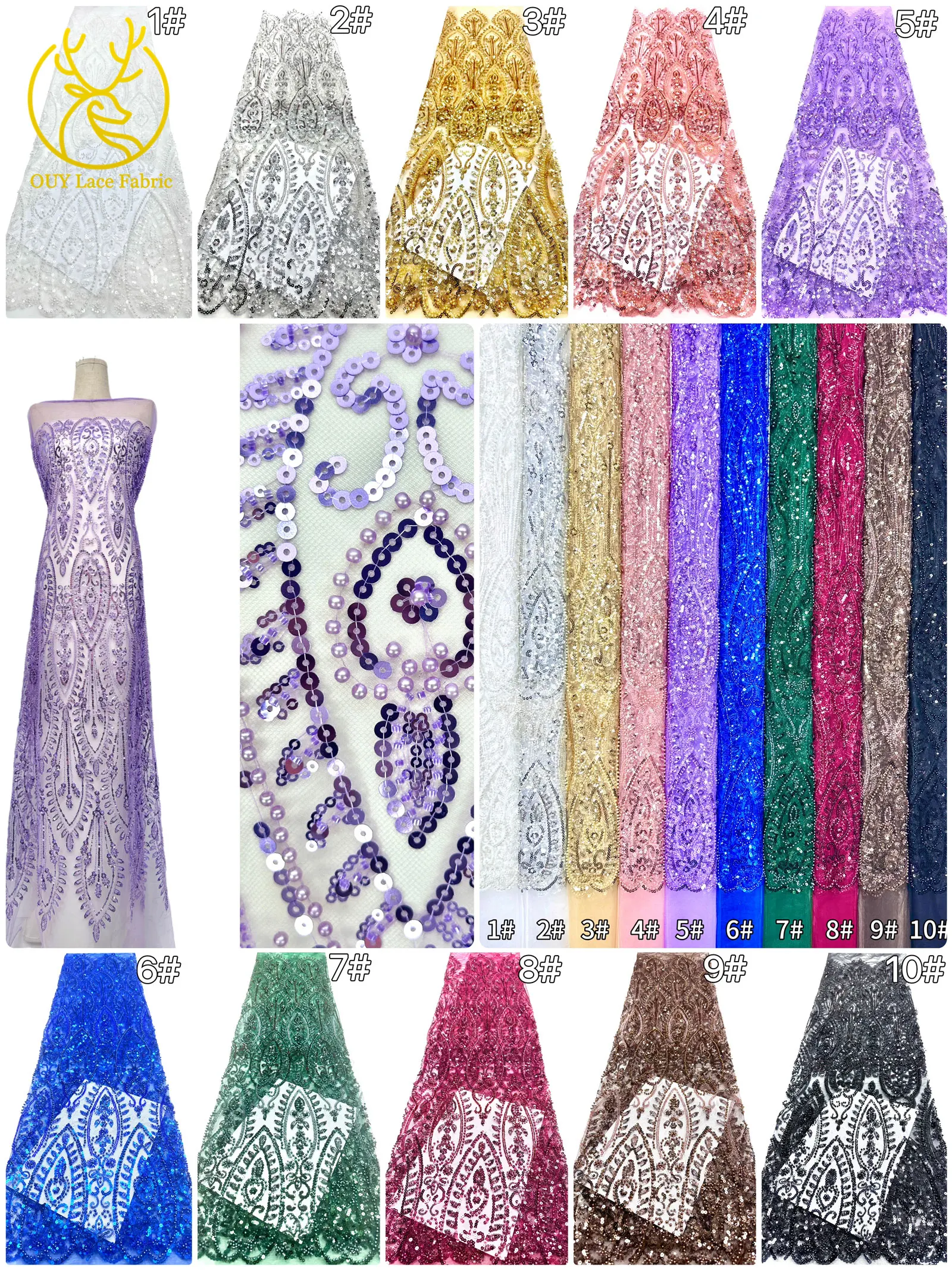 Afrikanischer Perlenstickerei-Spitzenstoff 2026 Neuestes Design Frankreich Nigeria Pailletten Tüll-Spitzenstoff für Damen Hochzeits- und Abendkleider – Detail 3