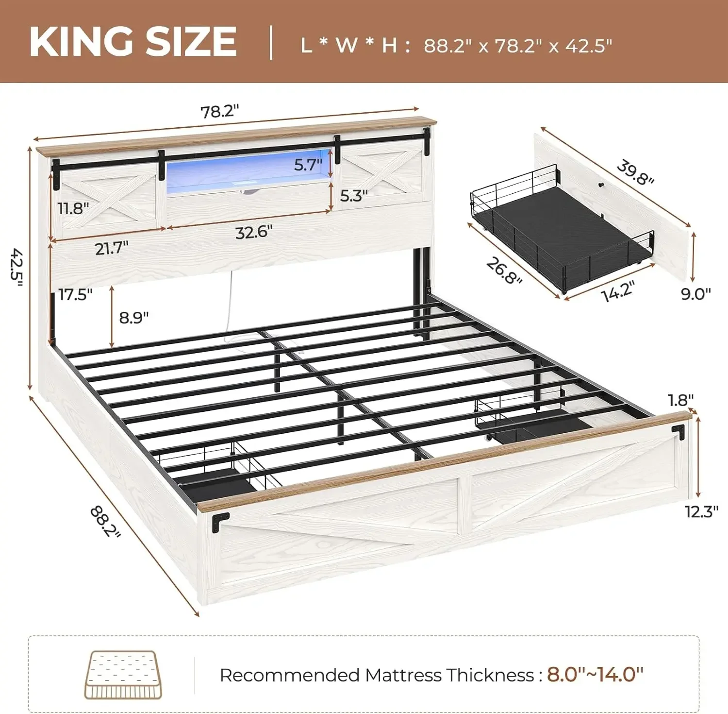 Farmhouse Bed Frame King Size with LED Lights and Charging Station, Wooden King Bed with 2 Storage Drawers, Rustic