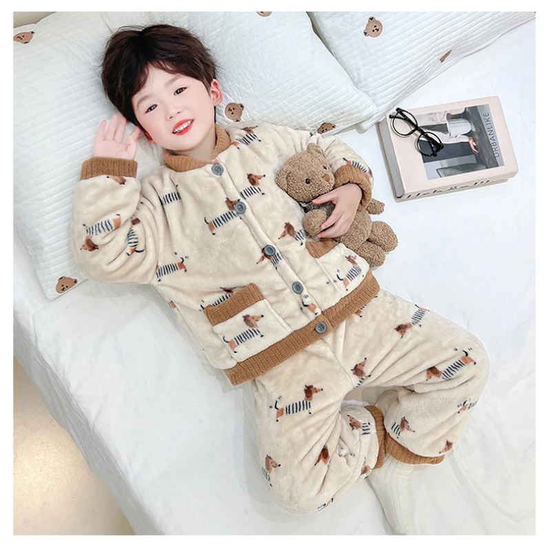 

3-слойный стеганый пижамный комплект для мальчиков, плюшевая домашняя одежда для малышей и детей, теплая одежда для сна