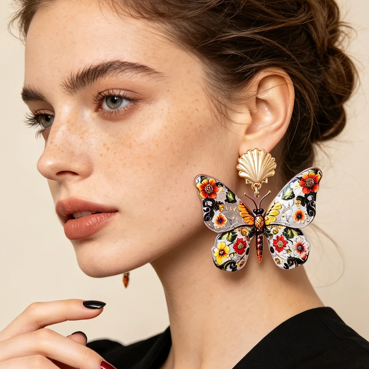 Vintage Colorful Butterfly Dangle Earrings for Women Hand‑Printed Flower Drop Earrings Bohemian Party Statement Jewelry Gift