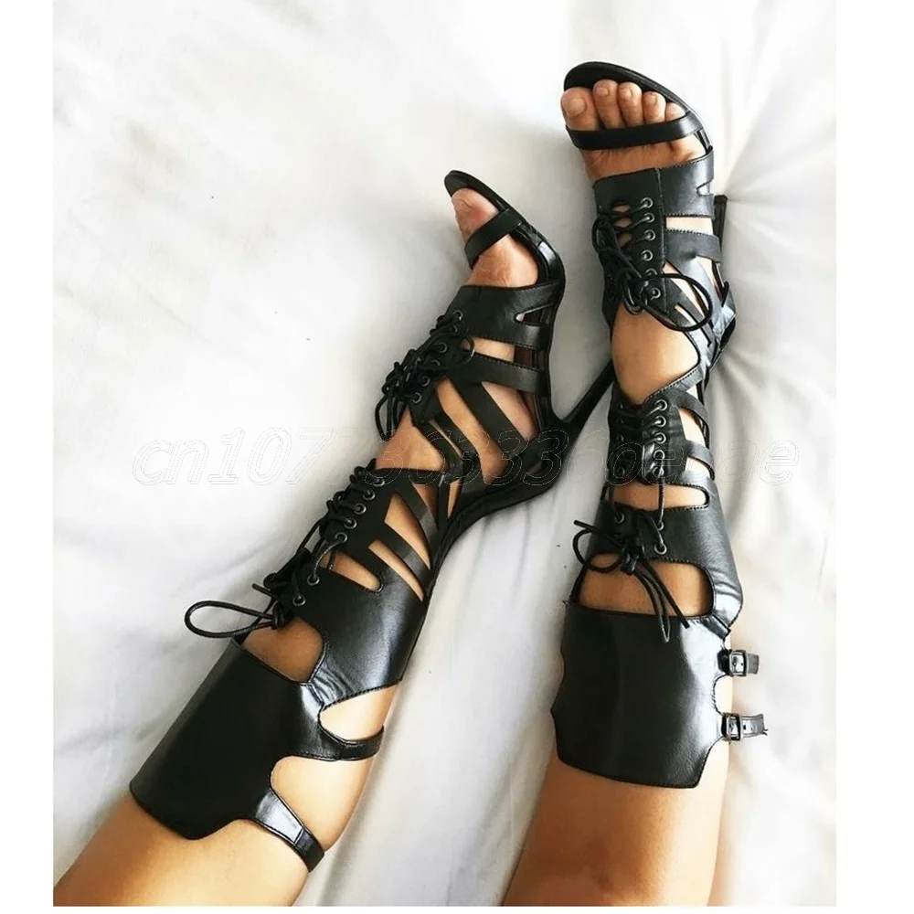 

Hollow out Lace up Sandal Boots Cross Tied Open Toe Shoes for Women Matte Leather Thin High Heels Shoes 2025 Zapatos Para Mujere