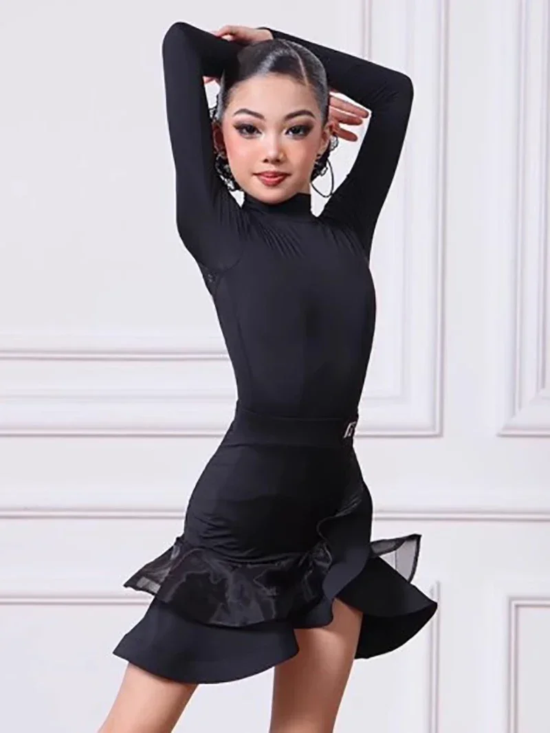 Uniforme de danse latine pour enfants filles, robe de compétition en maille à manches longues, dos nu, costume Cha-cha Samba Rumba, Costumes de danse pour salle de bal