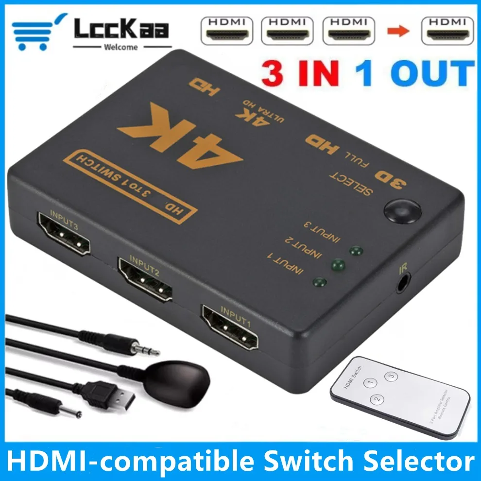 4K HDMI-compatible Switch Splitter With IR Remote Control  3 input 1 Output Mini 3 Port VIdeo Switcher Hub For DVD HDTV Xbox PS4