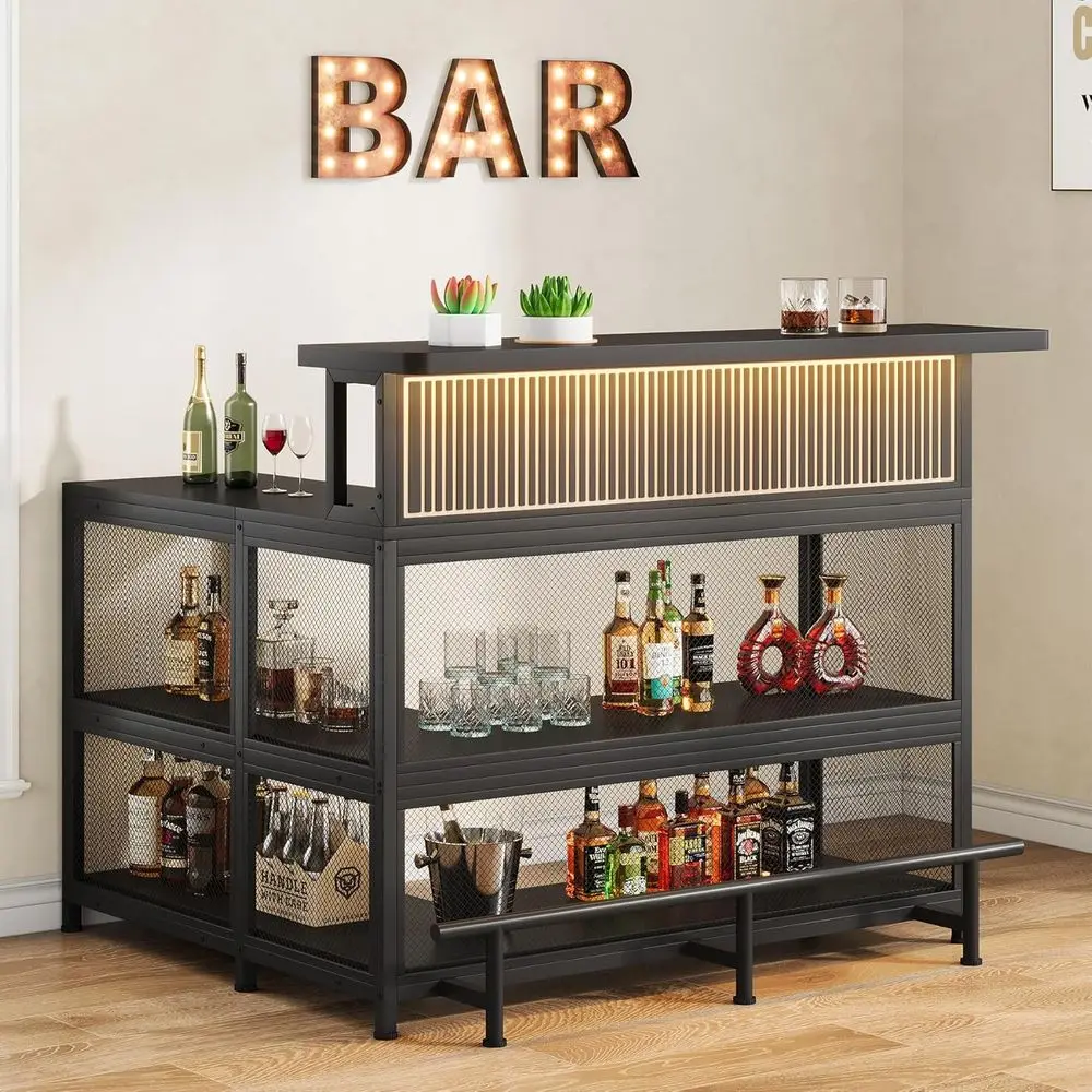 Black L-Shaped Home Bar with Wine Glass Holder, LED Light, Storage Shelves, and Footrest for Kitchen & Dining, Pub Use