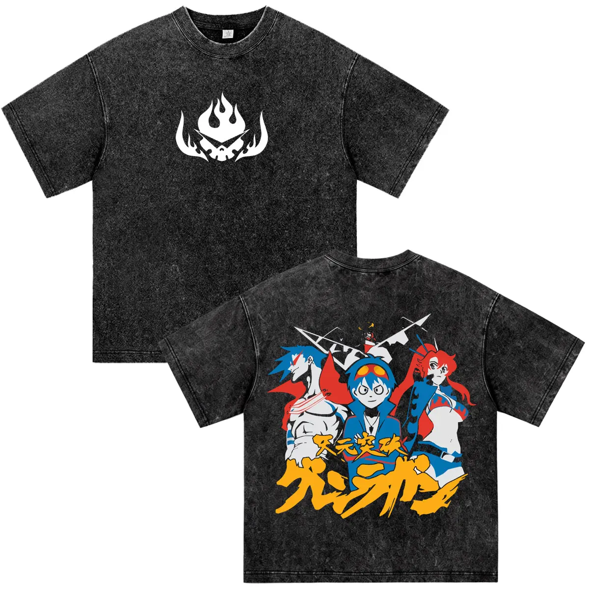 Vintage Washed Anime Tengen Toppa Gurren Lagann T Shirt Men Women Clothing Fashion Casual Short Sleeve Oversized T-shirt Couples
