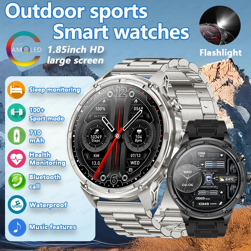 

Новинка 2025 года, 710 мАч, уличные умные часы, 1,85 дюйма, HD-экран, мониторинг здоровья, 100 спортивных режимов, фонарик, водонепроницаемые умные часы с BT Call