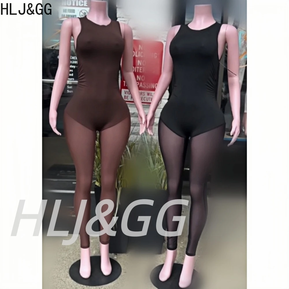 

HLJ&GG Fashion Mesh See Through Patchwork One Piece Jumpsuits Women Round Neck Sleeveless Slim Playsuits Female Club Overalls