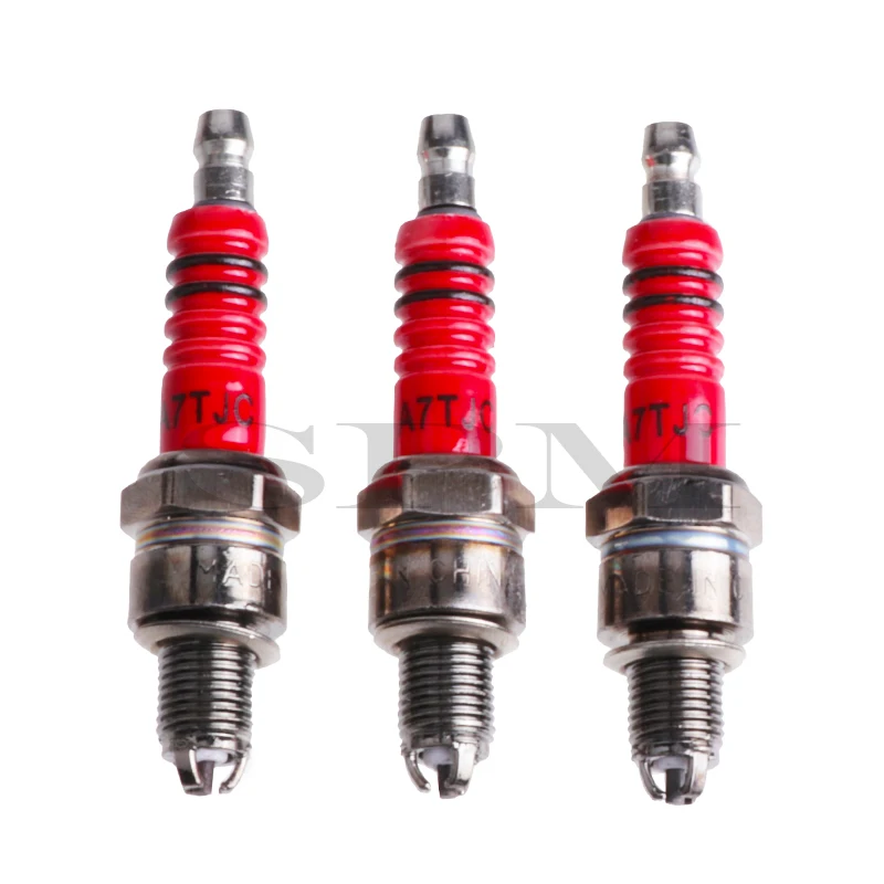 3 pcs A7TC A7TJC 3 Electrode Red Spark Plug For GY6 50cc70cc 90cc 110cc 125cc 150cc Dirt Bike Moped Scooter ATV Go Kart Quads