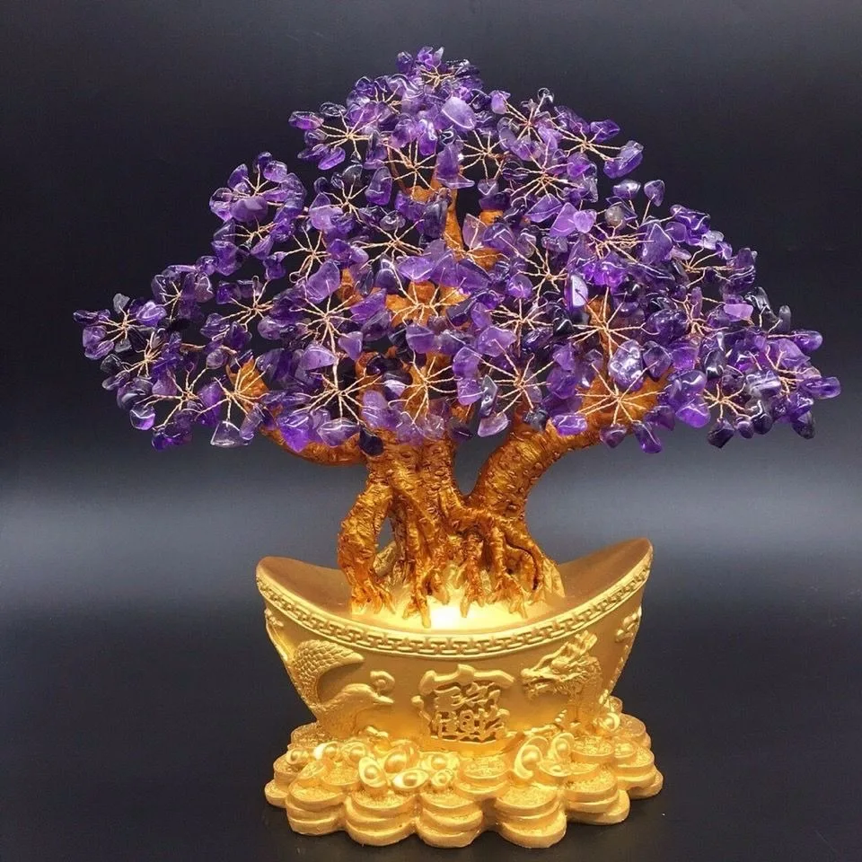 Yuanbao Árbol de la suerte de cristal púrpura, árbol de la riqueza, cuarzo Limón, decoración de la habitación del hogar, adornos Feng Shui