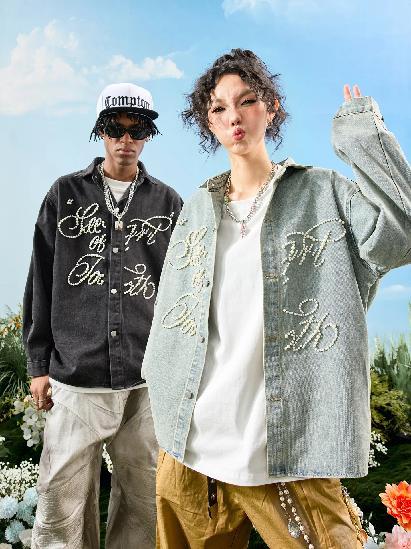 

Nuthink American Retro Pearl Letter Denim irt Hip Hop Trendy Brand irt Men Women 2025 Autumn Winter New Sle Loose Fit L...