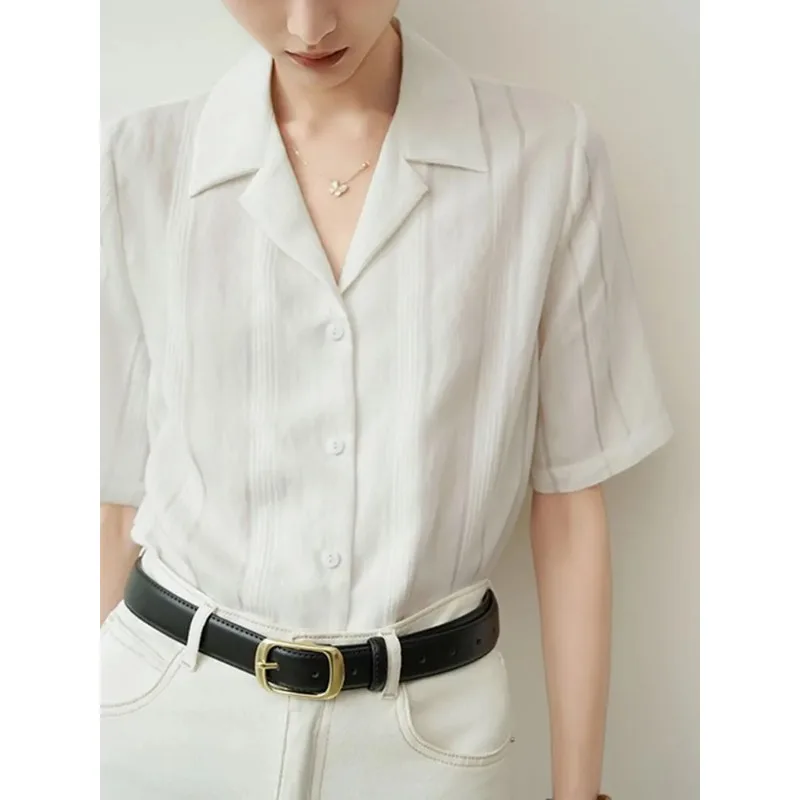 

Women's White Cuban Collar Short Sleeve Shirt Loose Turn-down Collar Blouse Office Casual Top
