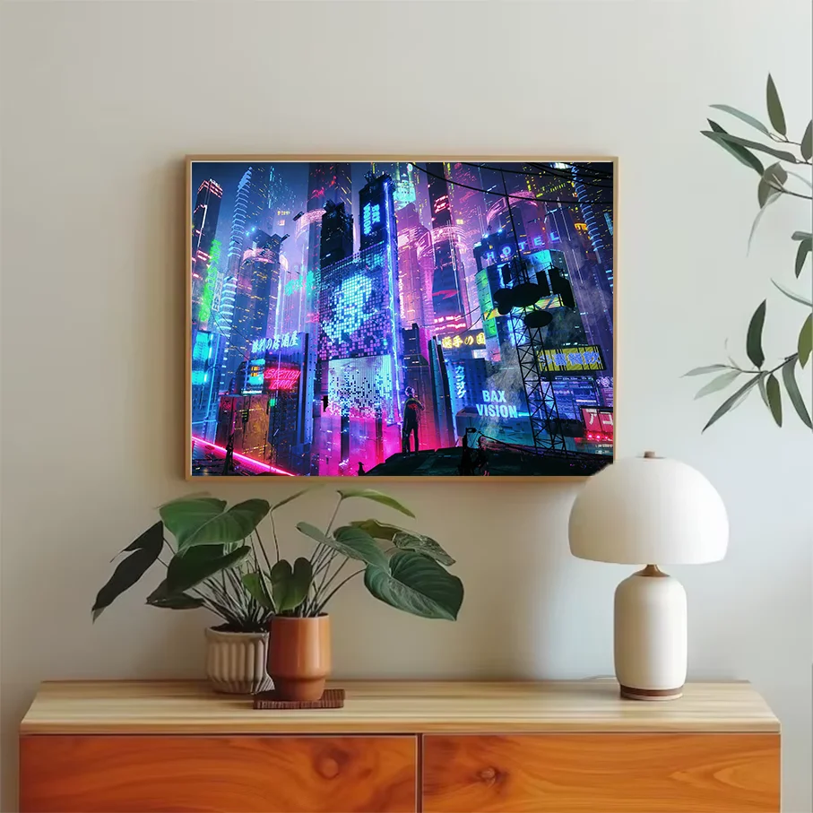 Cyberpunk City Neon Night Skyline Futuristic Skyscrapers frameless Canvas Print Wall Art Home Decor Background Poster