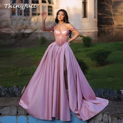 Thinyfull A-line Satin Prom Dresses Sleeveless Beading Appliques Evening Party Gown Split Special Occasion Dress Customized