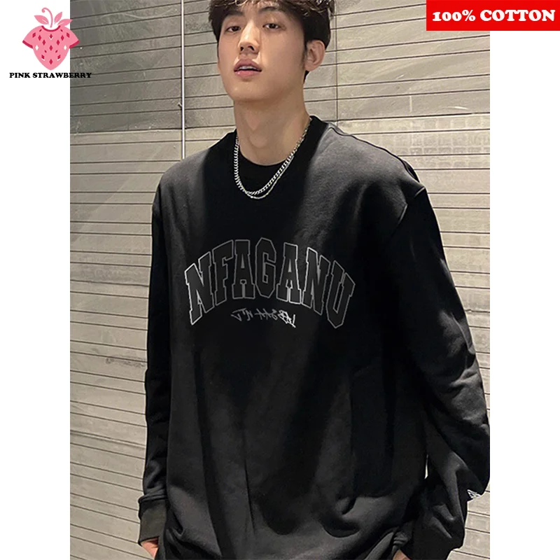 

Autumn Long sleeves Letter Print T-shirt Men 2025 New 100% Cotton Black O-Neck Loose Casual T-shirt Y2k Tops Youth Men clothing