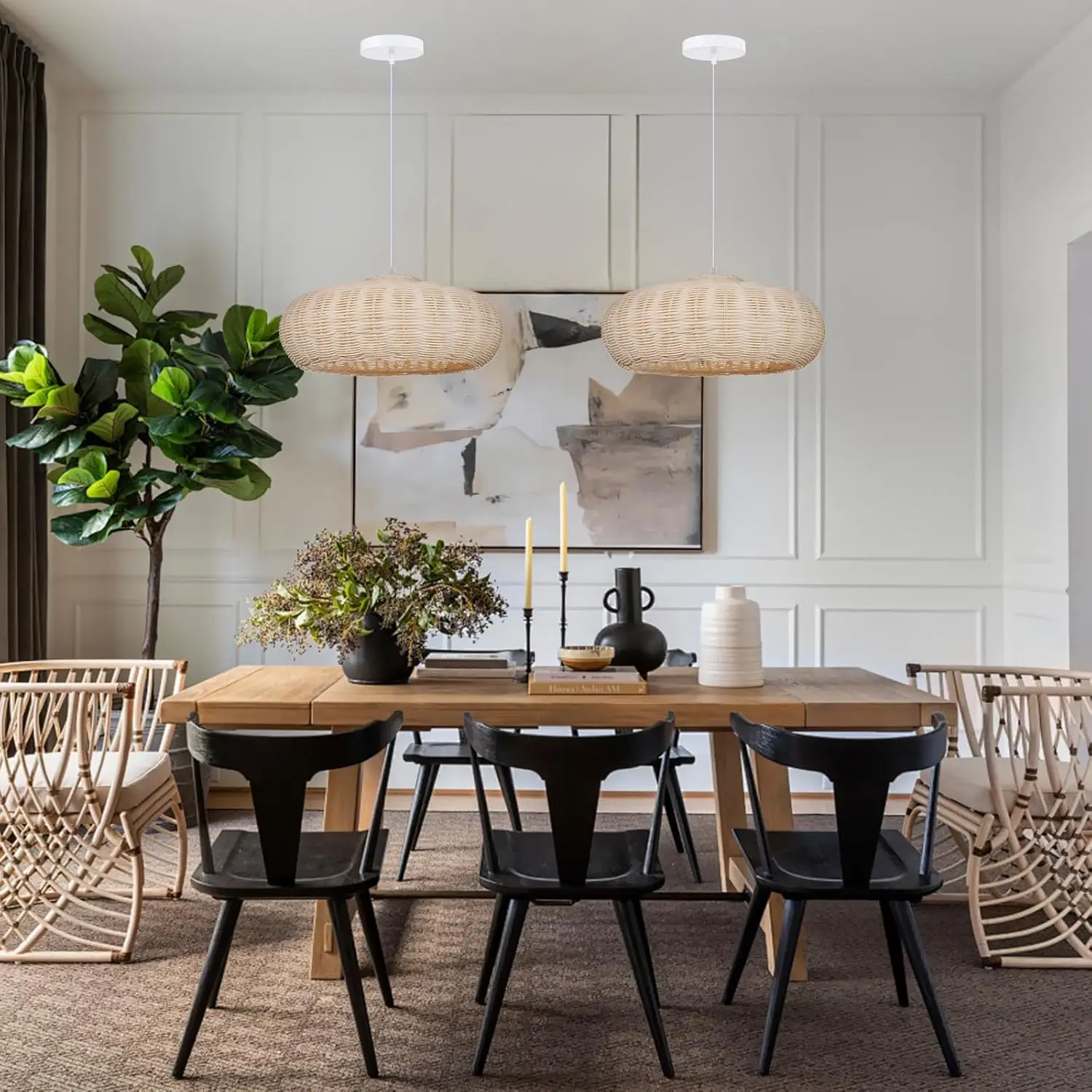 1 Light Boho E27 Chandeliers Rustic Woven Large Kitchen Pendant Lights Handmade Wicker Rattan Ceiling Fixture Beige Lampshade