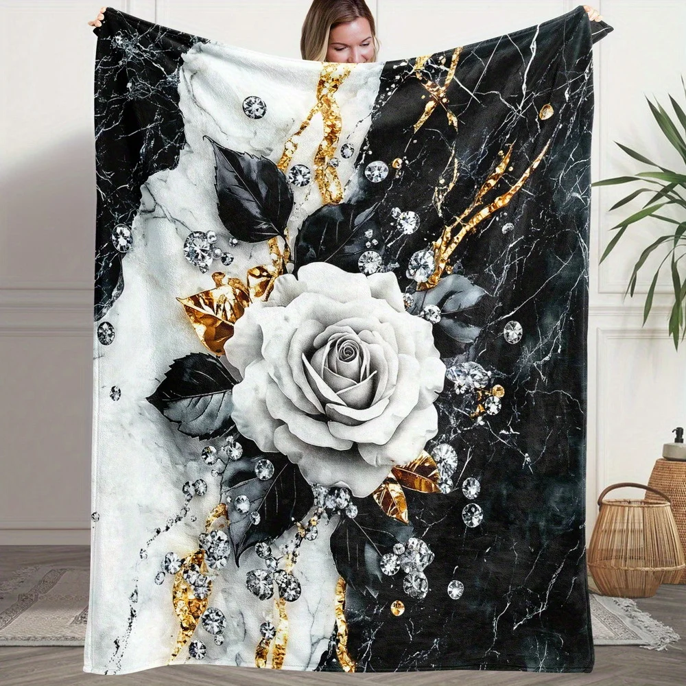Luxury Marble White Rose Print Blanket, Gold Foil Diamond Art Soft Flannel Blanket for Home Bed Travel Holiday Special Nice Gift