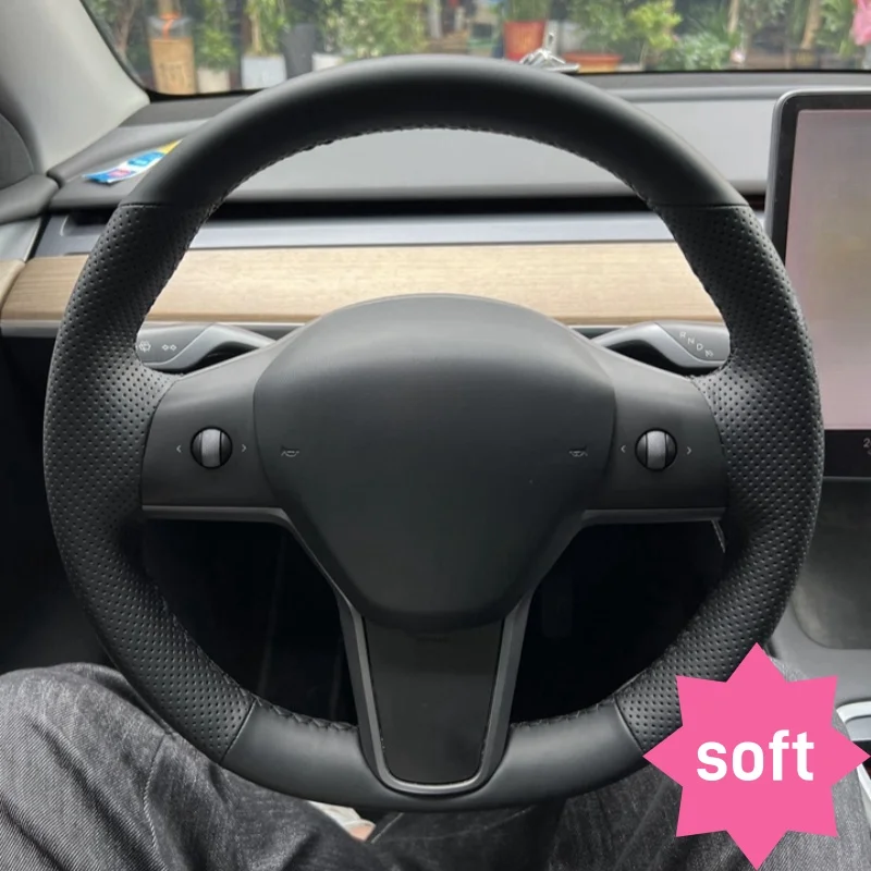 

Custom Hand-stitched Black Anti-slip Microfiber Leather Steering Wheel Cover For Tesla Model 3 2017 2018-2020 Car Accessories