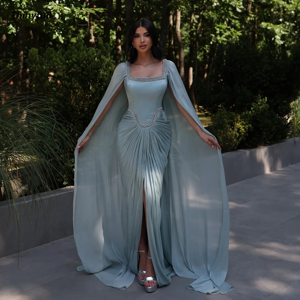 

Thinyfull Mermaid Arabic Prom Dress Square Collar Chiffon Crystal Evening Dresses Split Long Gown Robe De Soirée Customized