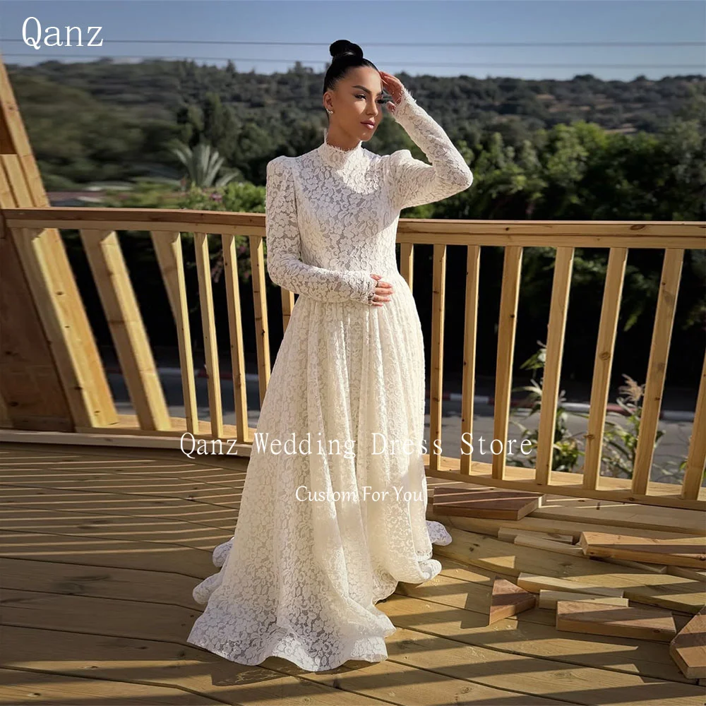 

Qanz High Neck Boho Wedding Dress Long Sleeevs Lace Appliques Women Robe De Mariée A Line Vestido De Novia Boda Customized