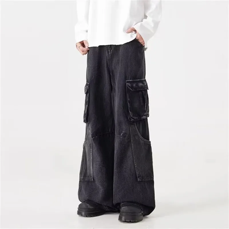 2025 아메리칸 레트로 Y2K 스트리트웨어 워시드 블랙 배기 카고 진 남성 의류 와이드 레그 스트레이트 바지 로파 옴브레