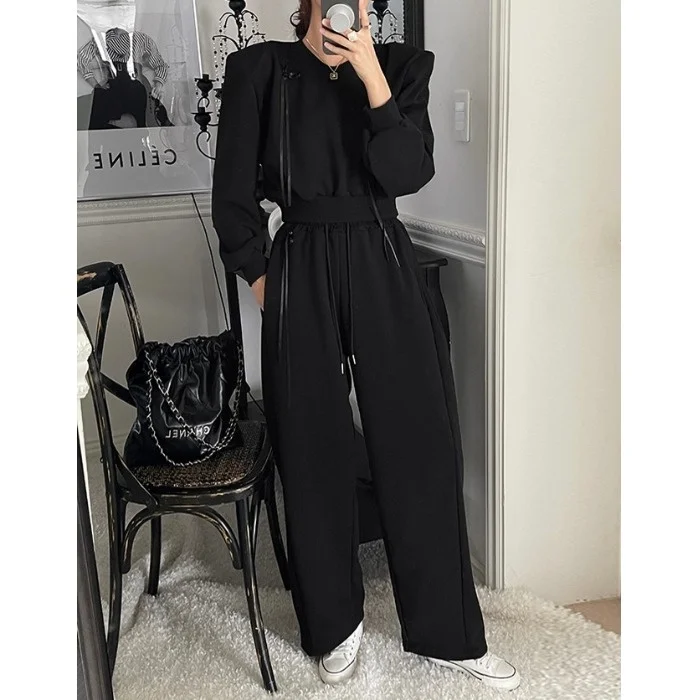 

Свободный топ Spor и повседневные длинные брюки с высокой талией, комплект из двух предметов для женщин, шикарный дизайн, осенняя мода, женская одежда...