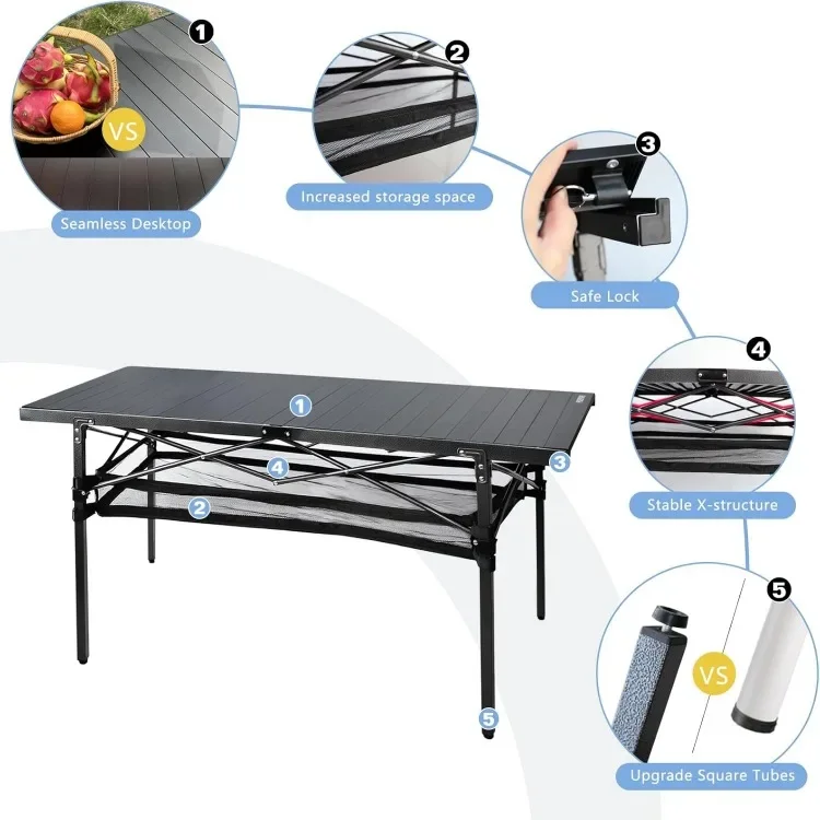 تصميم مبتكر طاولة تخييم كبيرة قابلة للطي من الألومنيوم مع مساحة تخزين تتسع لـ 4-6 أشخاص 54 بوصة × 27.5 بوصة قابلة للطي