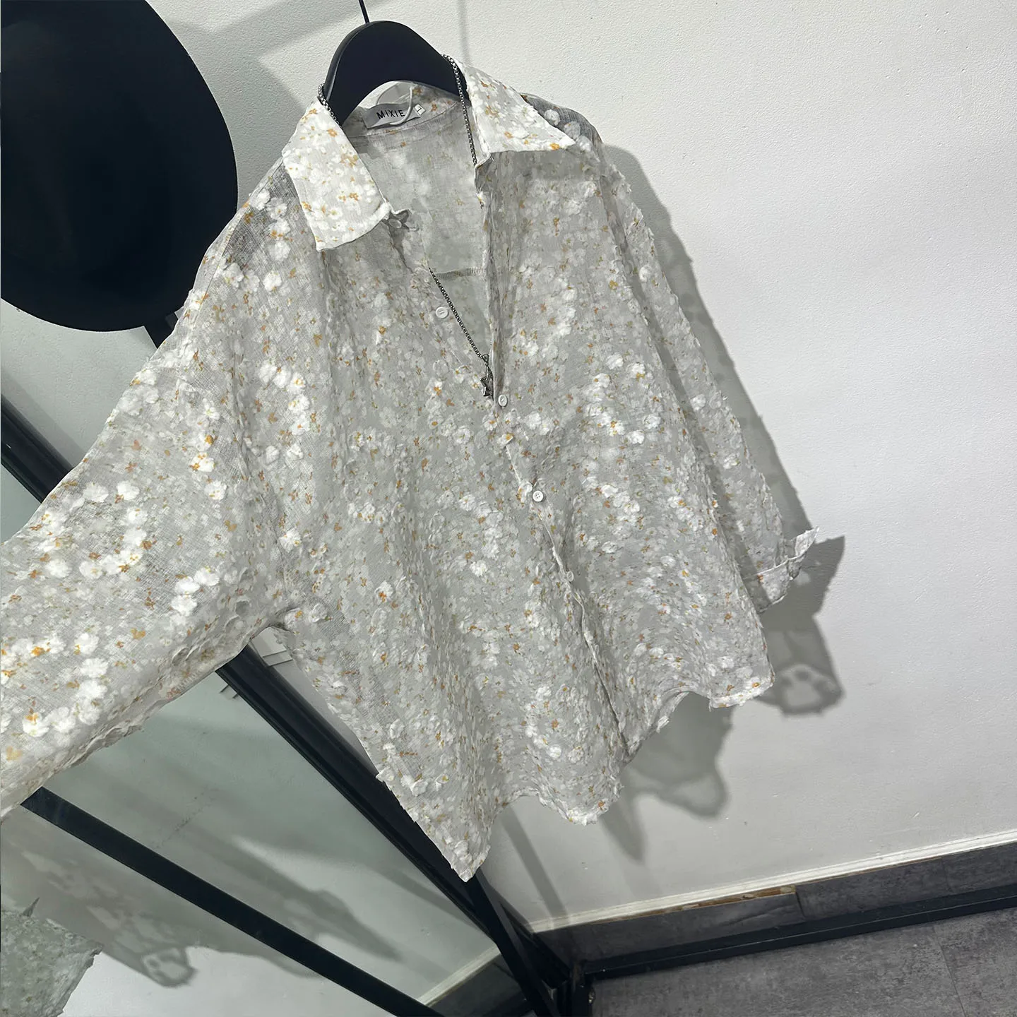Hollow Retro Three-Dimensional Flower Long-Sleeved Shirt Men and Women Lapel Single Breasted Fashionable Transparent Loose Top