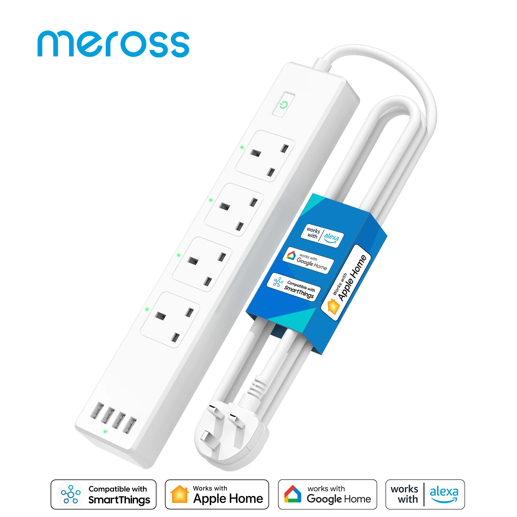 Meross HomeKit Smart Power Strip WiFi Socket Extension UK Outlet with 4 Sockets 4 USB Ports Work with Alexa Google SmartThings