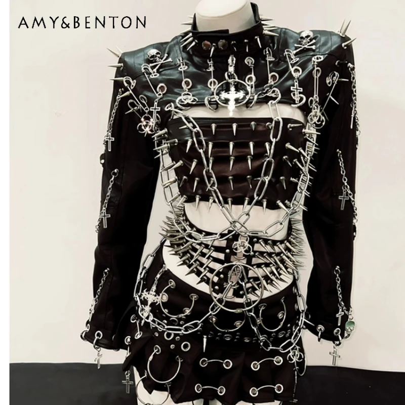 

Original Design Subculture Rivet Black Short Women's Leather Jacket Gothic Punk Waist Belt Skirt Hot Girl Sexy Skirts Set Ladies