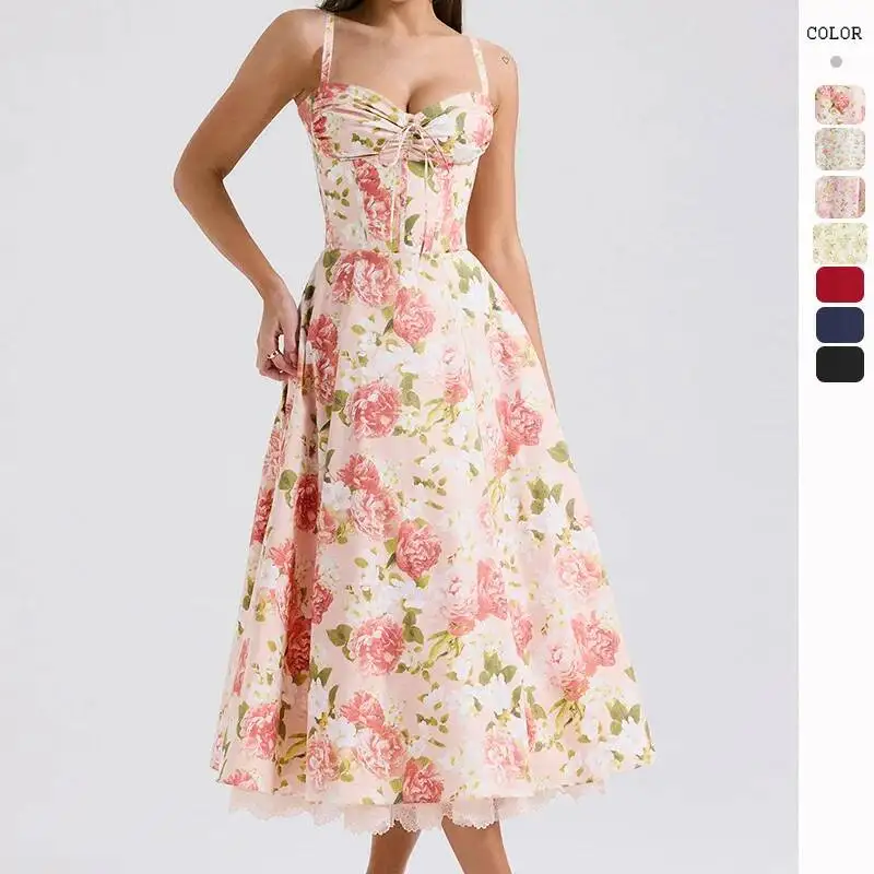 

Elegant Floral Series French Style Summer Strap Gentle Dress Slimming Floral Strap Long Dress