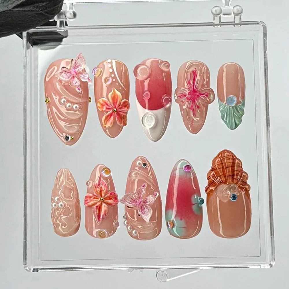 10Pcs Manicure Handmade Art Press on Nails Medium Almond Pattern ABS Nails 3D Shell Style Design Nail with Set