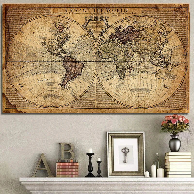 Map Of The World Retro Old Picture Canvas Vintage Earth Painting For Living Room Poster Prints Home Office Study Wall Art Decor