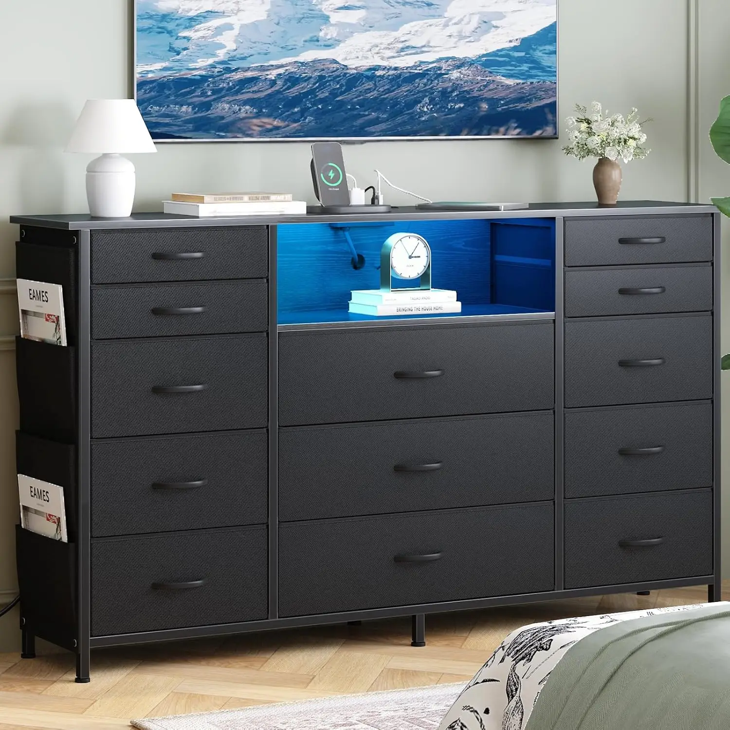 Bedroom Fabric Black Dresser, 13 Drawers with Remote Control Lights, Side Pockets & Hooks TV Stand