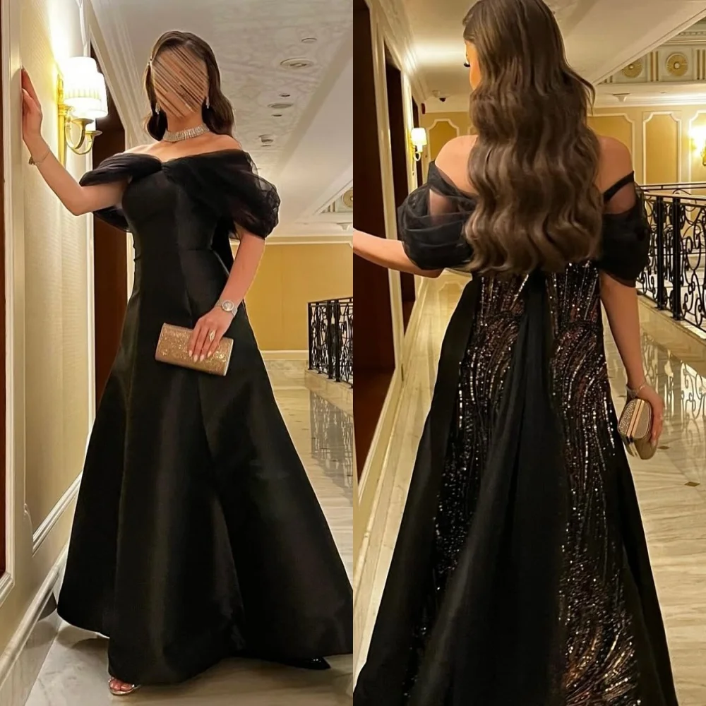 

Customized Modern Style Intricate Charmeuse Sequined Beading A-line Off-the-shoulder Long Dresses Bespoke Occasion Dresses Retro