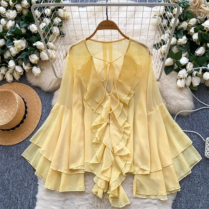 AV Elegant Sexy ruffle chiffon long sleeve Top Women Korean Fashion hotsweet High Street Spring Autumn Clothing