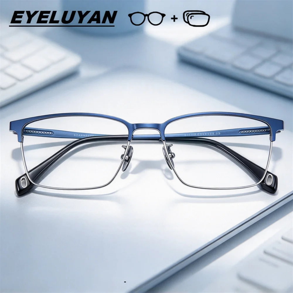 EYELUYAN Men's Eyeglasses Ultralight Metal Titanium Square Optical Spectacles Rx Ready Prescription Myopia Business Glasses