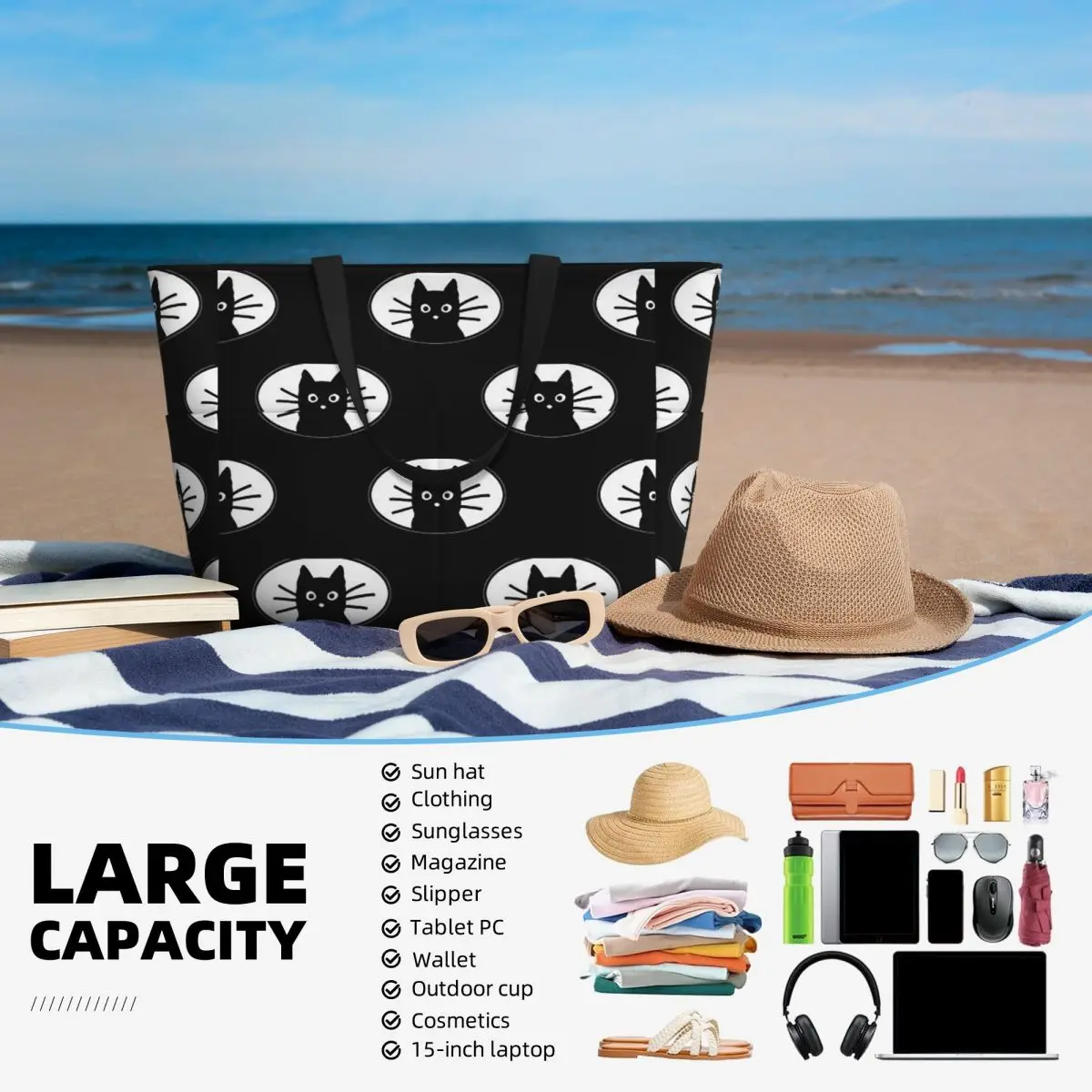 Black Cat Fac Beach Tote Bag Deporte Gimnasio Yoga Duffle Bolso grande Bolsa de viaje para mujer Bolsa de fitness