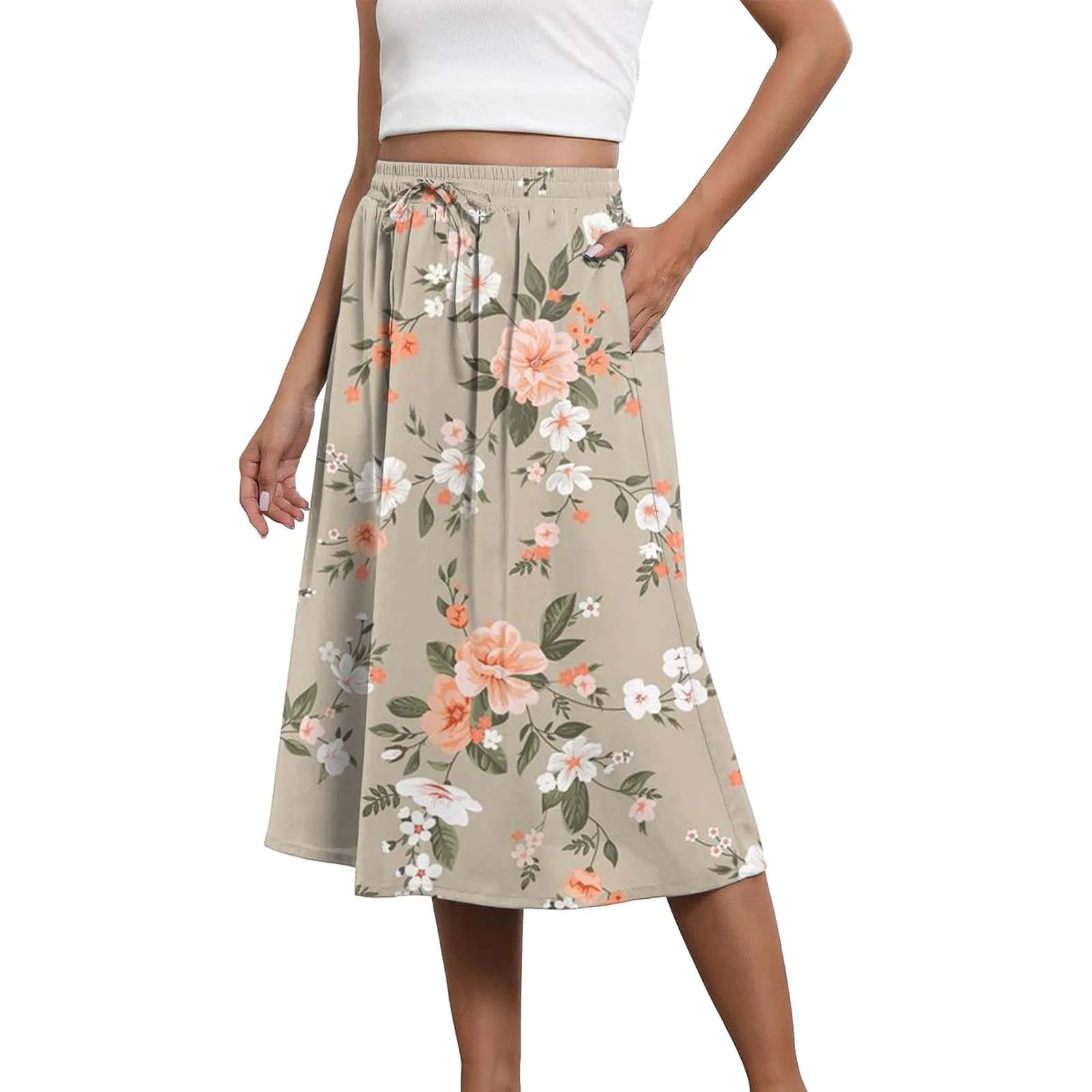 

Women's Skirt Print Trendy High Waisted Elastic Summer Vintage Casual Womens Comfortable Skirt Loose Women Skirt With Pockets