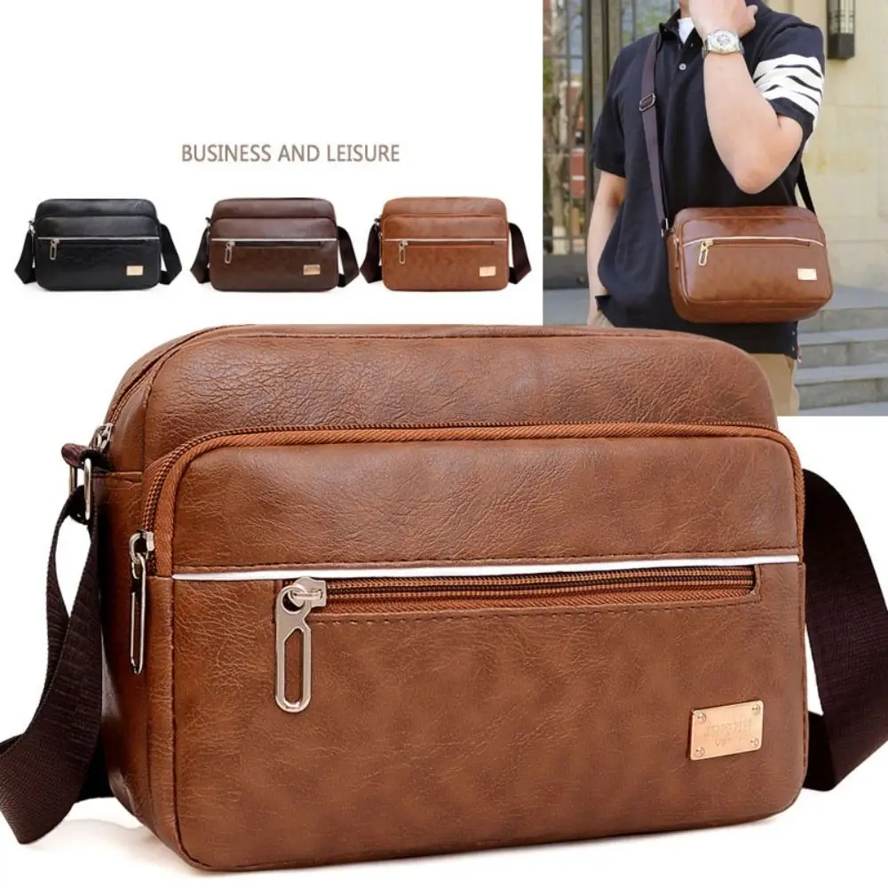 New Fashion PU Leather Men Handbag Large Capacity Multilayer Men Shoulder Bag Casual Tote Bag Vintage Briefcase Bag