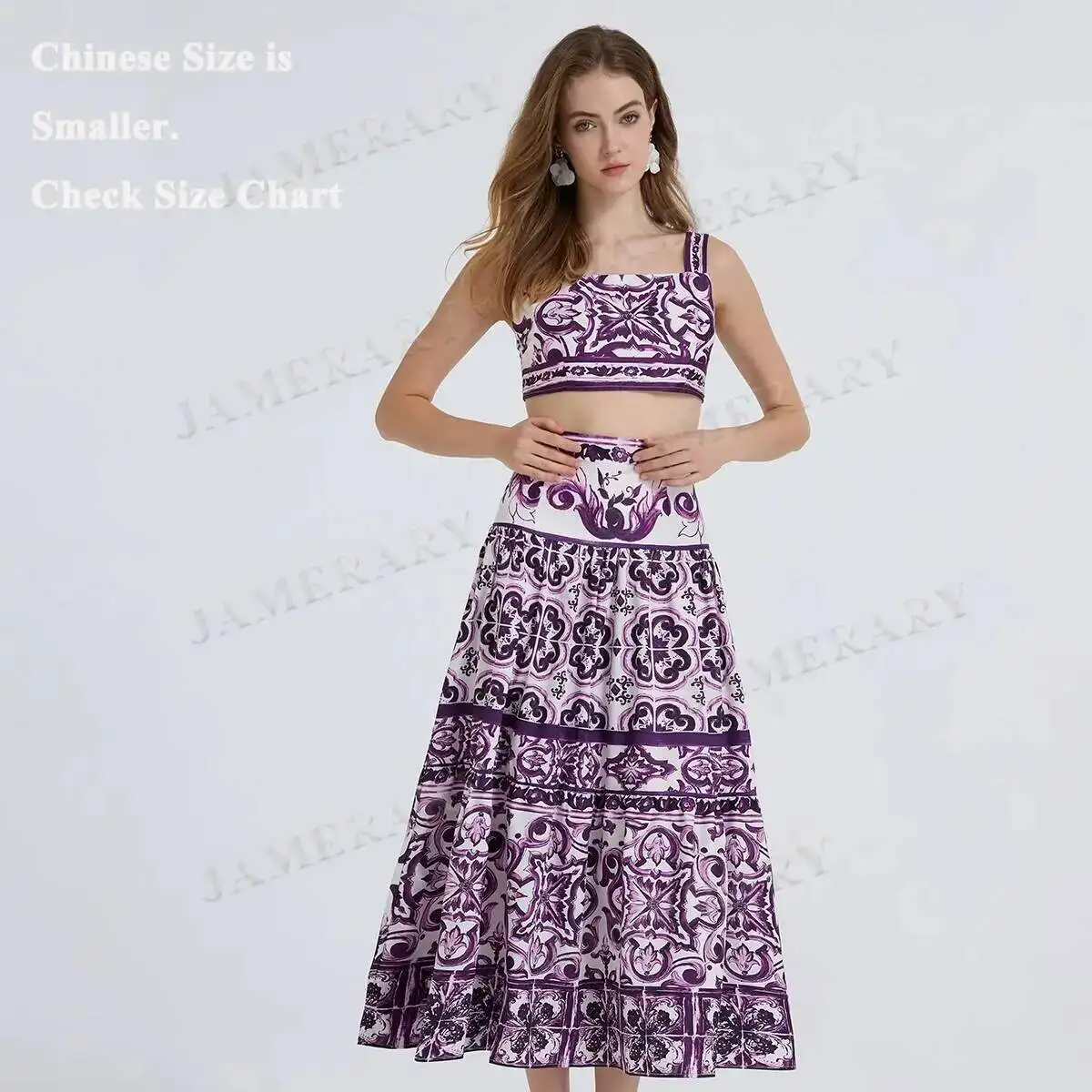 

Summer Purple Floral Long Dresses Two Piece Set Women Porcelain Print Sexy Cropped Tops Maxi Skirt Two-Piece Set Bohemian Dress