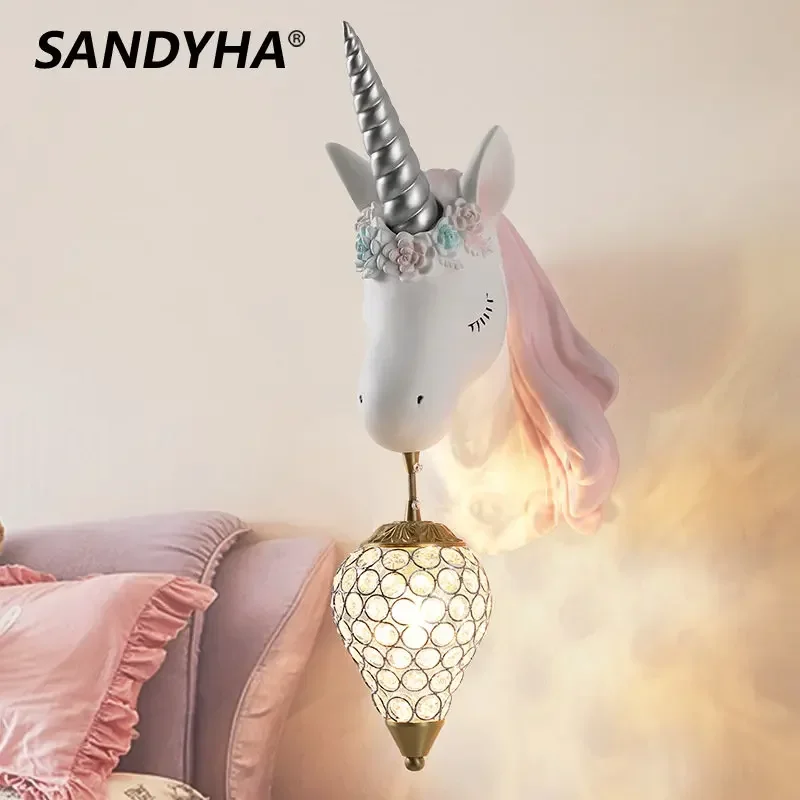 SANDYHA Nordic Style LED Wall Lamp for Children's Room Bedside Unicorn Crystal Lights for Bedroom Decoration Home Light Fixture