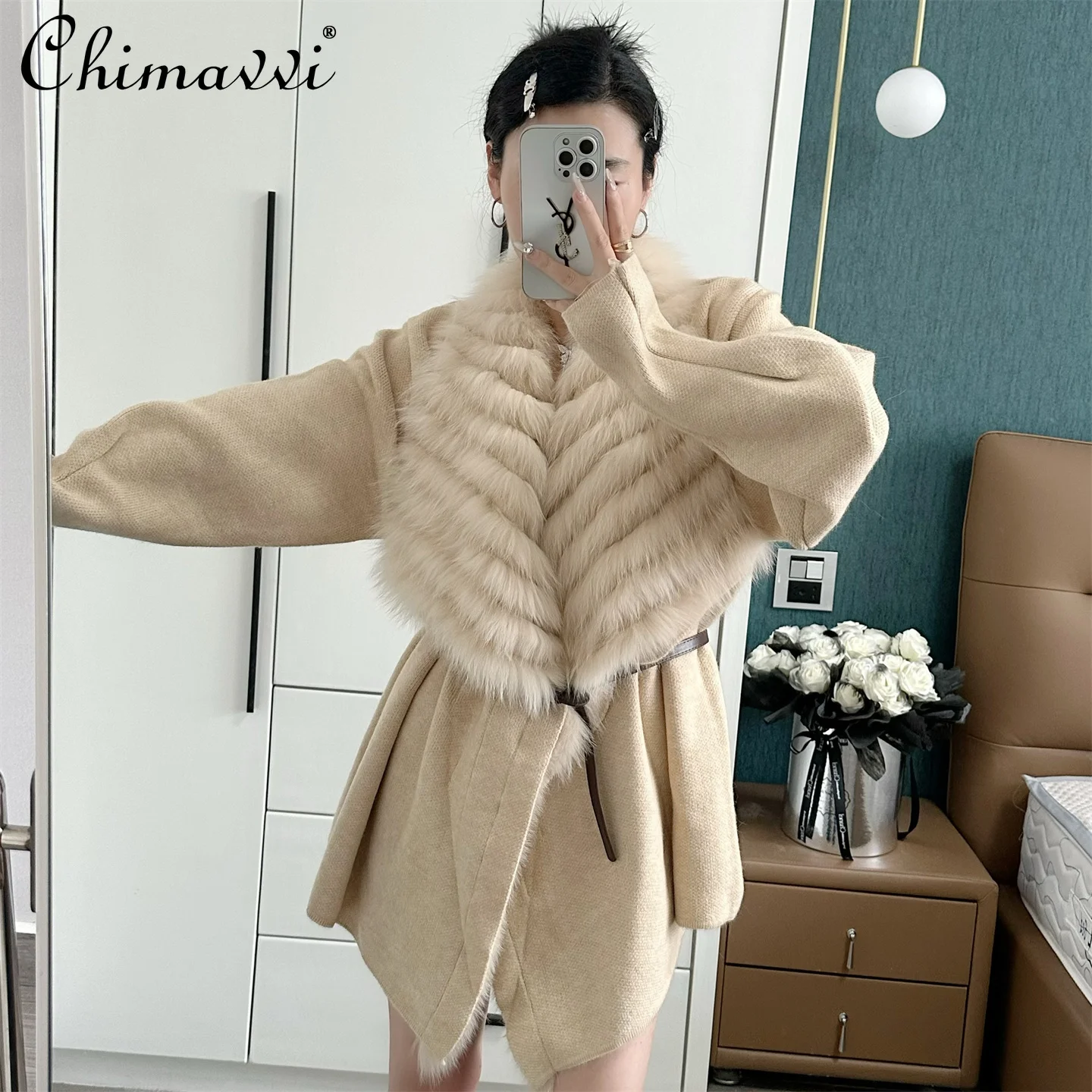 

Autumn Winter New High-end Fashion Turn-down Collar Elegant Slim Fox Fur Spliced Knitted Cardigan Women Long Sleeve Sweater Coat
