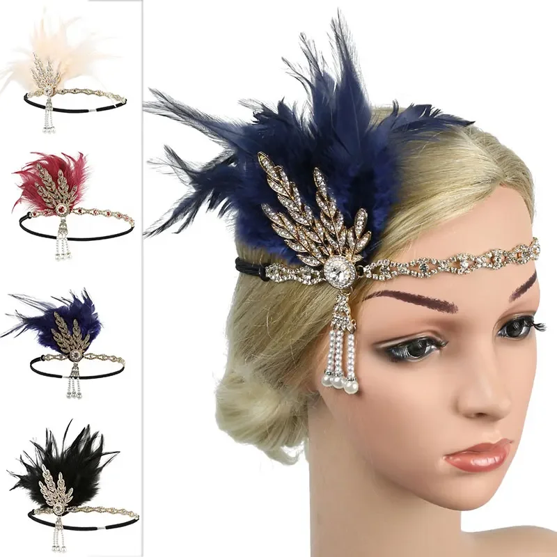 Diadema de plumas para mujer, diadema de Flapper, tocado Vintage, fiesta de disfraces, diadema de plumas de diamantes de imitación, accesorios para el cabello