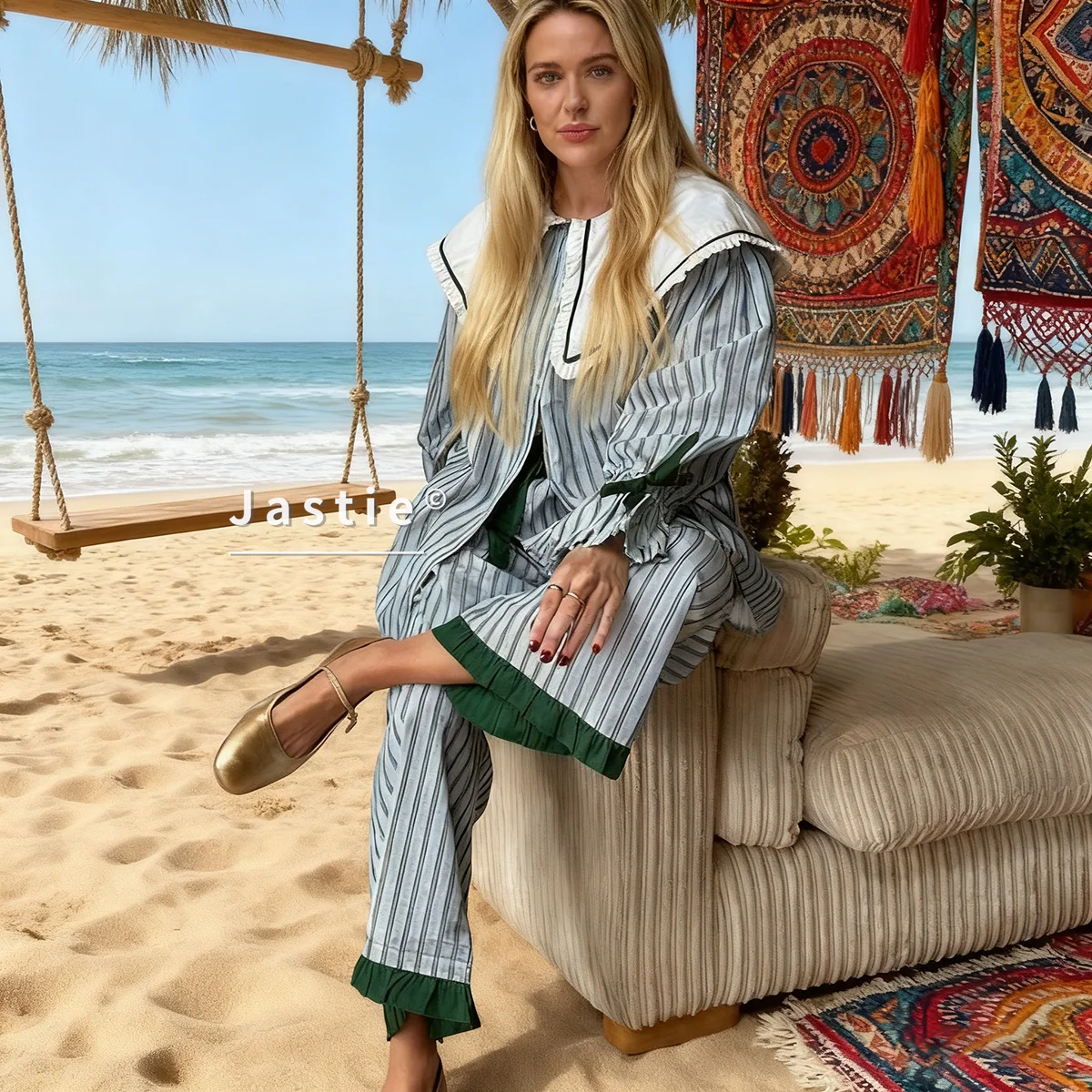 

Bohemian Fashion Stripe Print Patchwork 2 Piece Sets Women Outfit Beach Holiday Long Sleeve Shirt High Waist Wide Pants Set