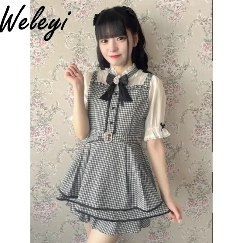 

Lolita Kawaii Two Piece Sets Womans Clothing Japanese Fashion New College Style Cute Small Shirt Short Sleeve Skirt Elegant Suit