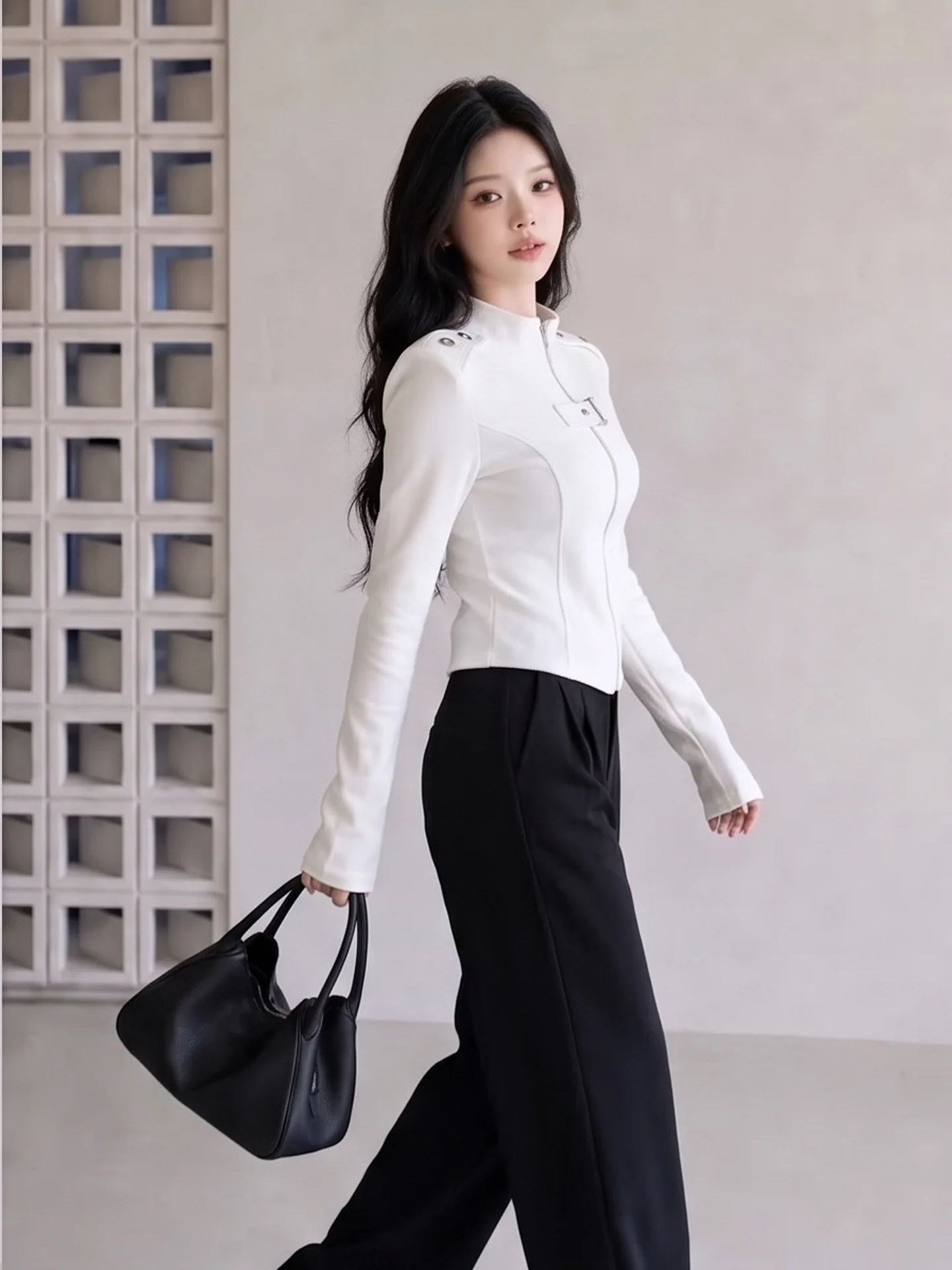 Slim Fit Long Sleeve T-Shirt Women's Short Thickened Jacket Style American Motorcycle Wind Shoulder Buckle Stand Collar Top