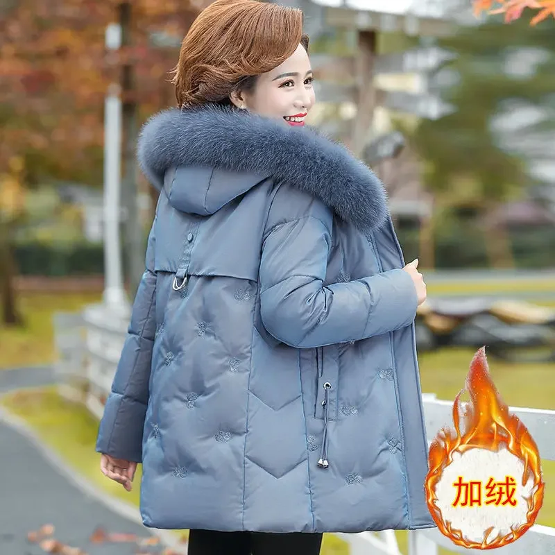 Middle-aged Mother Winter Embroidered Warm Jacket Plus velvet Thicken Parkas Outwear Fashion Loose Cotton Fur collar Hooded Coat